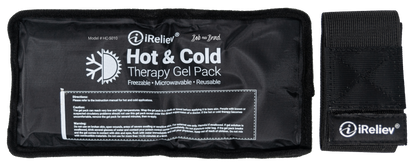 Reusable hot and cold therapy gel pack with securement strap, black fabric pouch