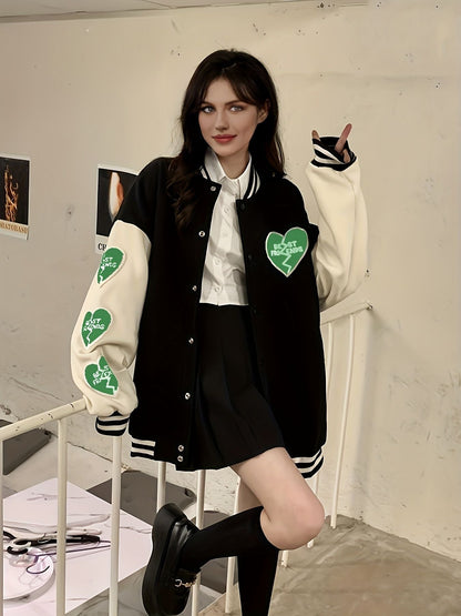 Preppy Heart Print Striped Trim Hem Patchwork Bomber Jacket, Casual Winter Oversized Coat, Women's Clothing - Renee Lane Company