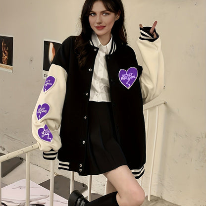 Preppy Heart Print Striped Trim Hem Patchwork Bomber Jacket, Casual Winter Oversized Coat, Women's Clothing - Renee Lane Company