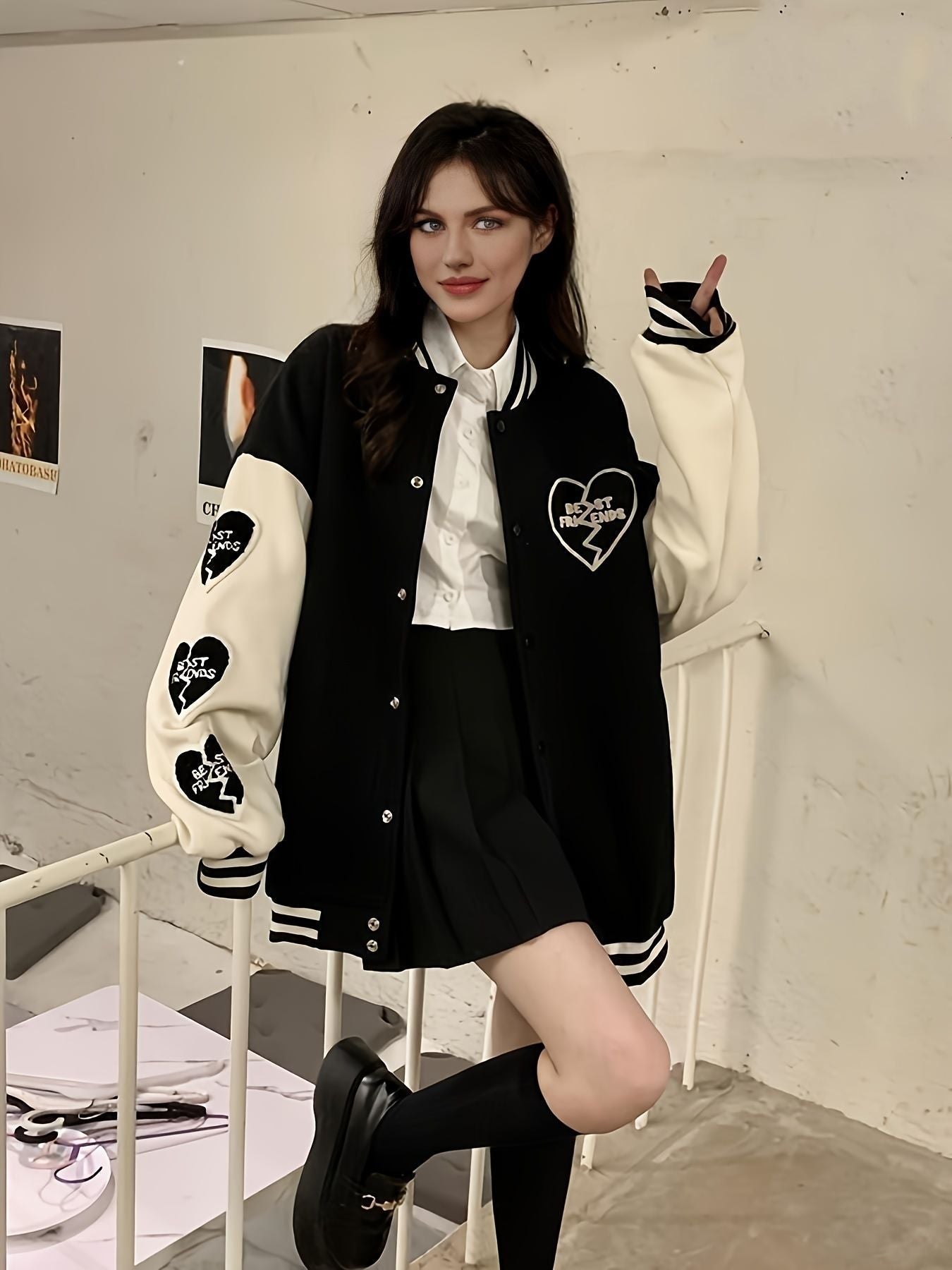 Preppy Heart Print Striped Trim Hem Patchwork Bomber Jacket, Casual Winter Oversized Coat, Women's Clothing - Renee Lane Company