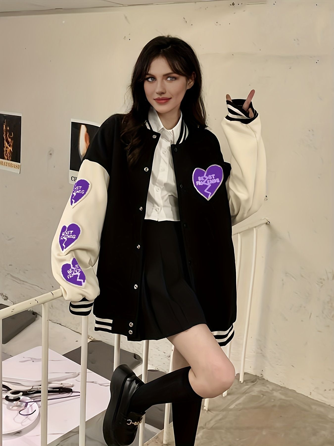 Preppy Heart Print Striped Trim Hem Patchwork Bomber Jacket, Casual Winter Oversized Coat, Women's Clothing - Renee Lane Company