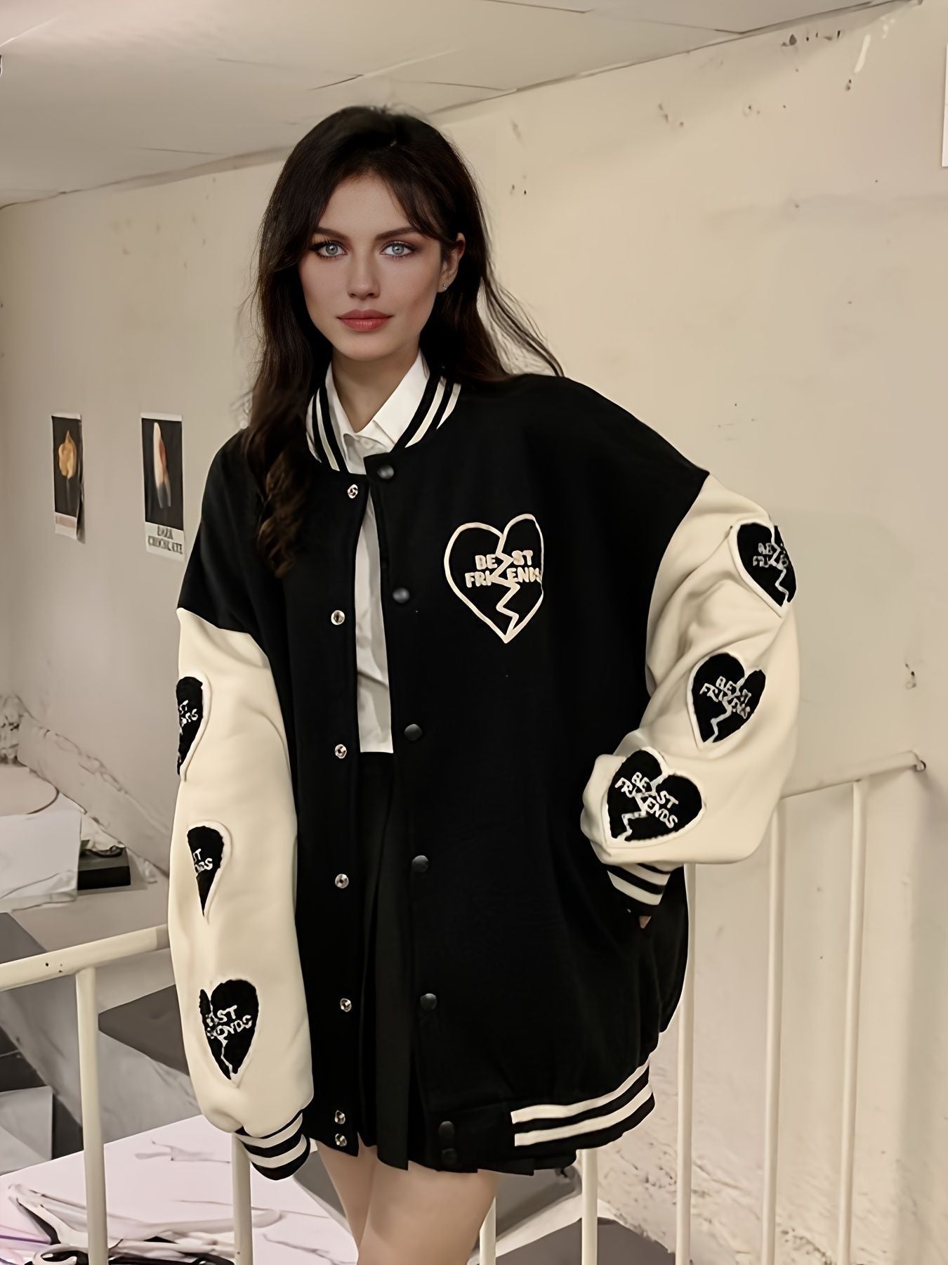 Preppy Heart Print Striped Trim Hem Patchwork Bomber Jacket, Casual Winter Oversized Coat, Women's Clothing - Renee Lane Company