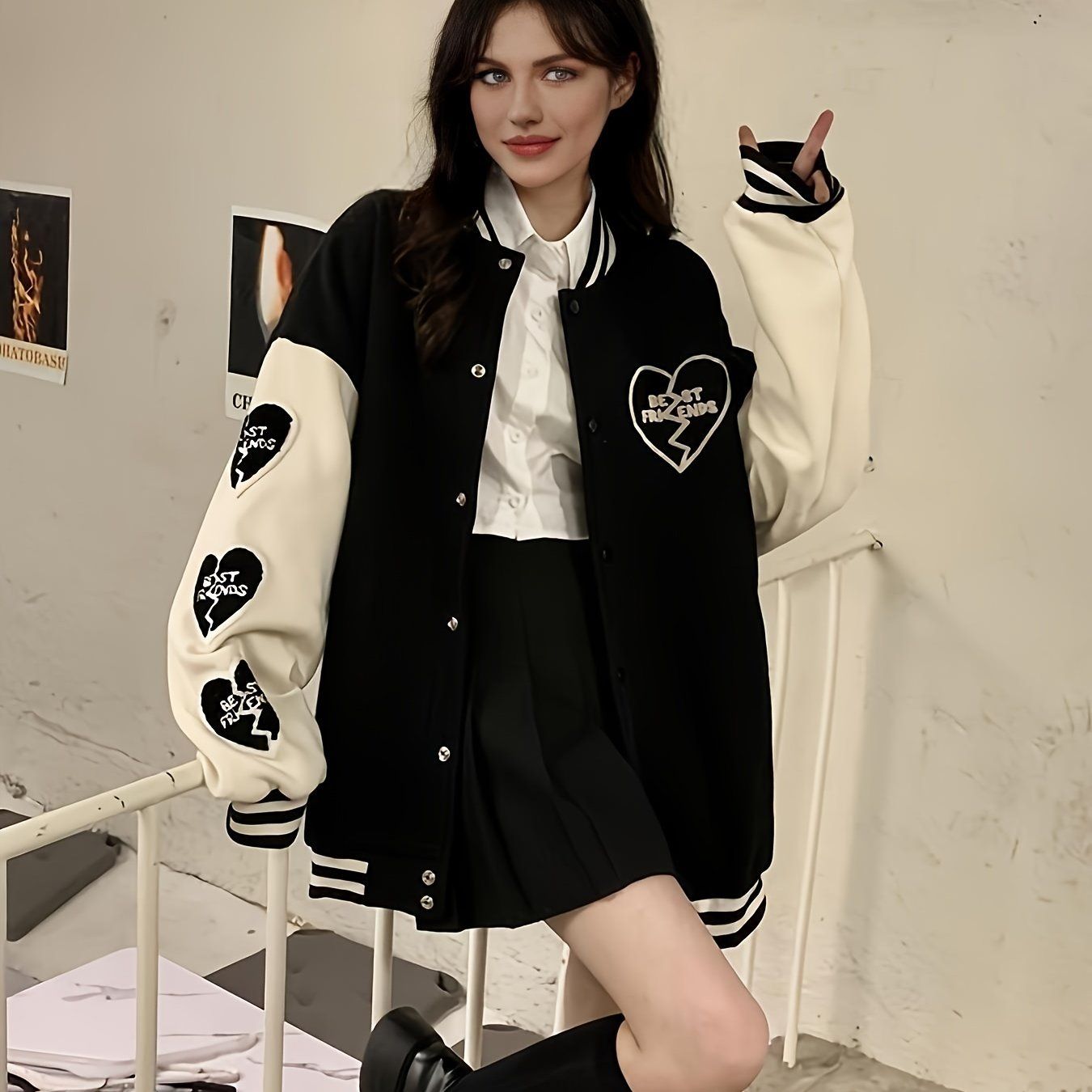 Preppy Heart Print Striped Trim Hem Patchwork Bomber Jacket, Casual Winter Oversized Coat, Women's Clothing - Renee Lane Company