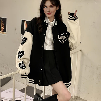 Preppy Heart Print Striped Trim Hem Patchwork Bomber Jacket, Casual Winter Oversized Coat, Women's Clothing - Renee Lane Company