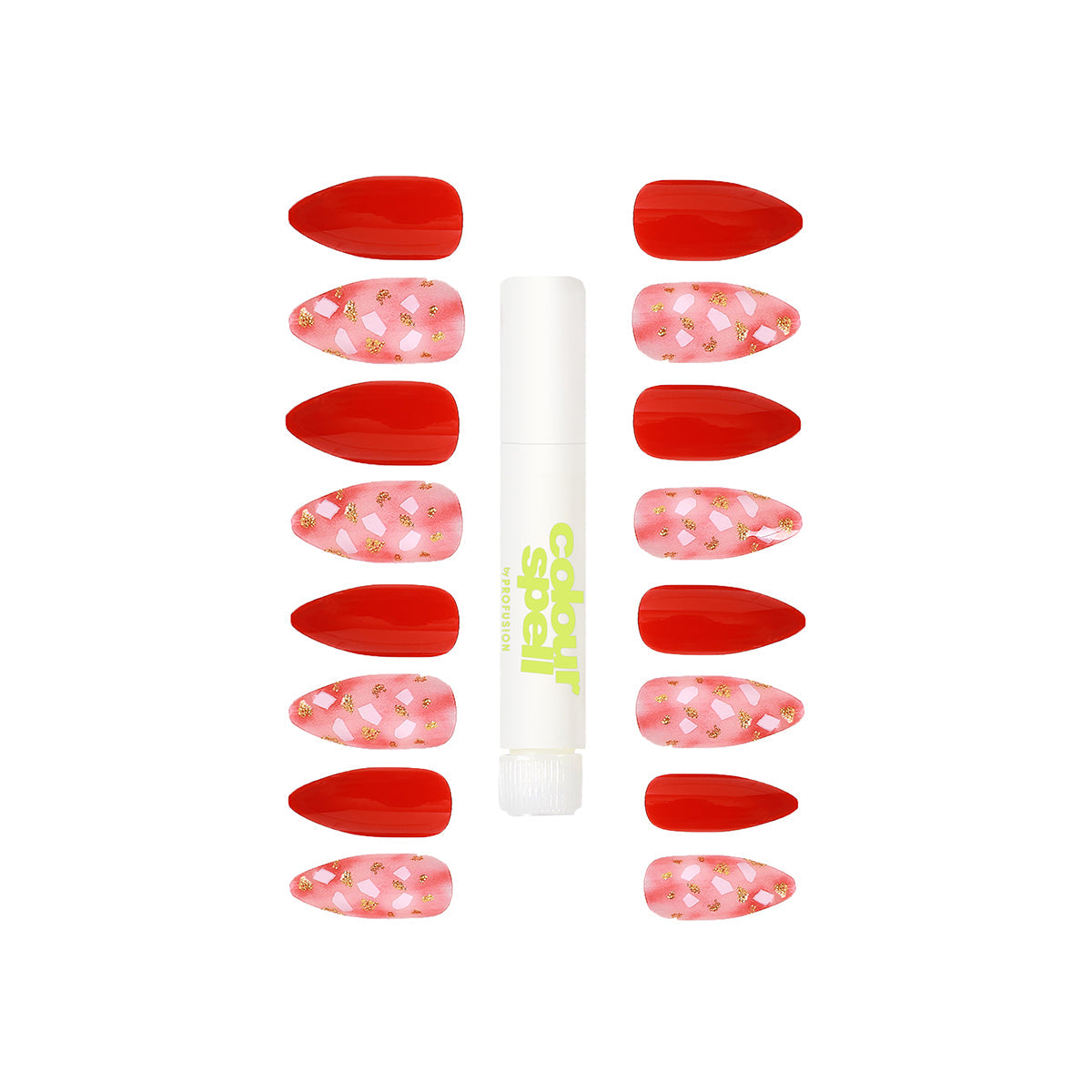 Press-on nails set with glue: red solid and pink glitter designs, oval tips, white glue tube
