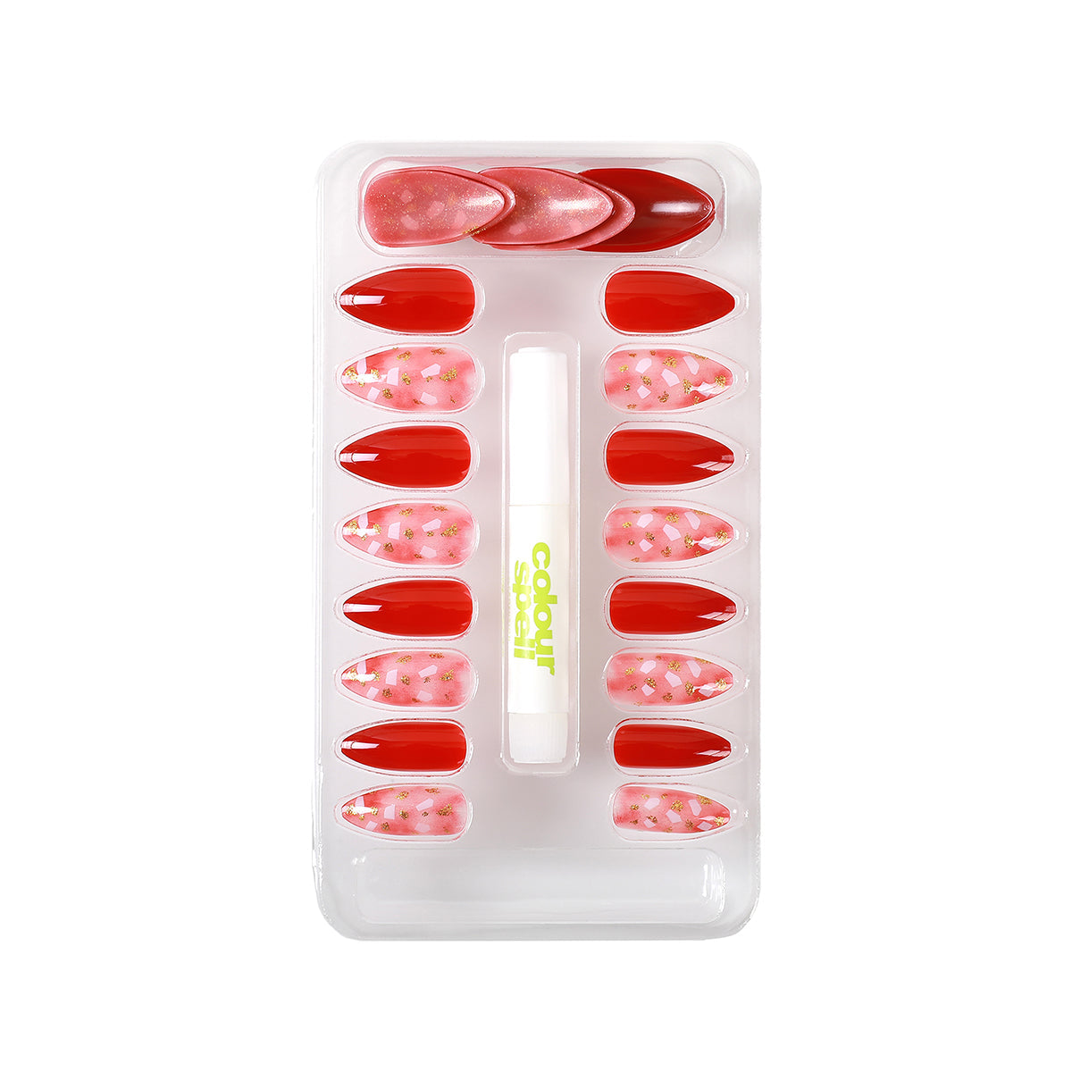 Press-on nails set in clear case with glue stick; red solid and pink glitter oval tips