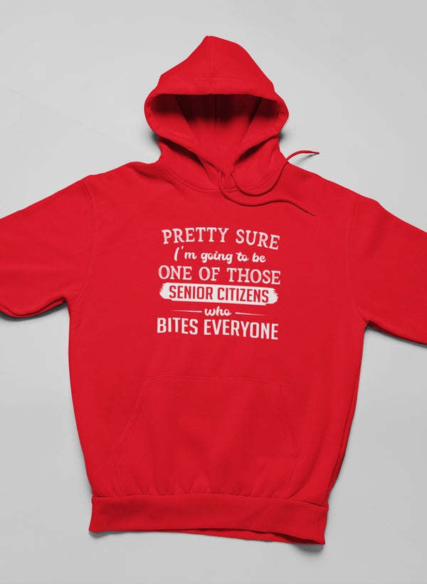Red pullover hoodie with front graphic text and hood, sleeves out