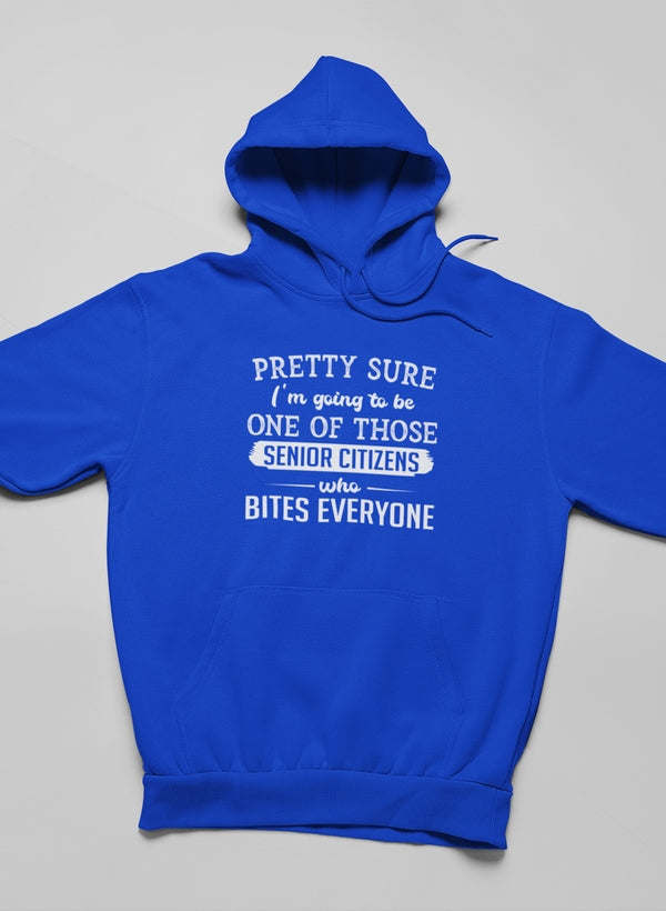 Blue pullover hoodie with front graphic text, hooded and ribbed hem