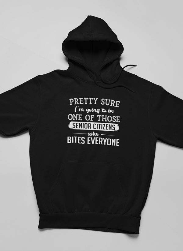 Black pullover hoodie with hood and chest slogan graphic