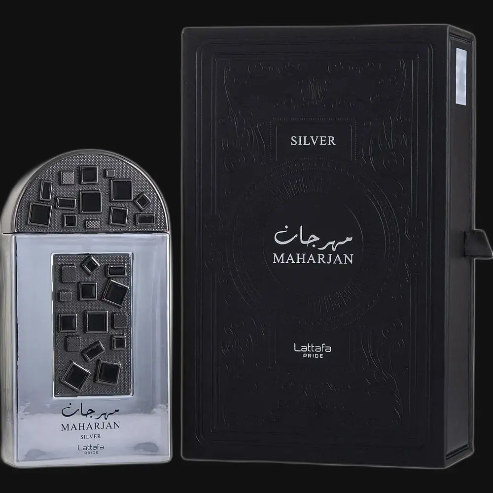 Unisex Maharjan Silver perfume bottle with box; silver cap with square pattern.