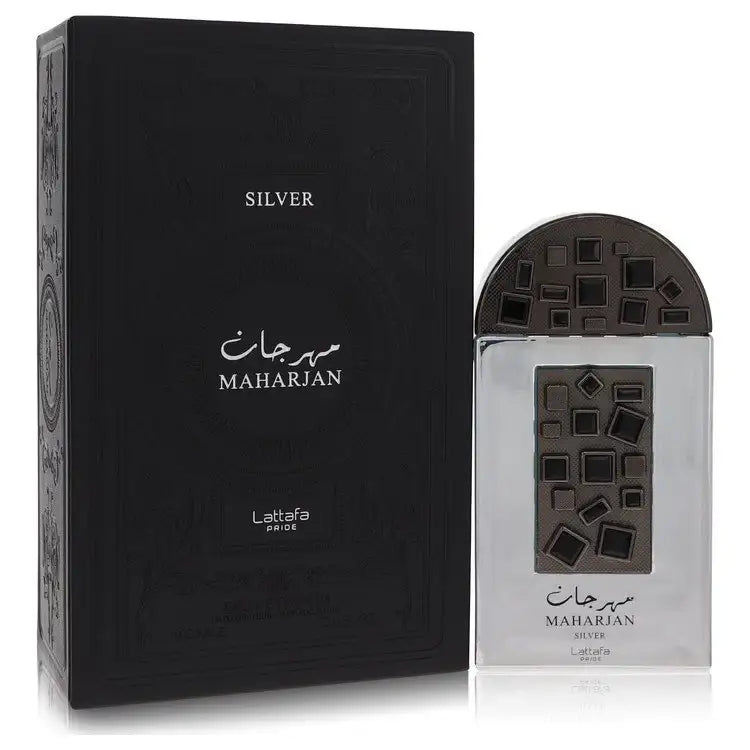 Unisex Maharjan Silver perfume bottle with black box; clear bottle and geometric squares.