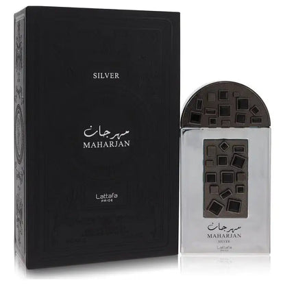 Unisex Maharjan Silver perfume bottle with black box; clear bottle and geometric squares.