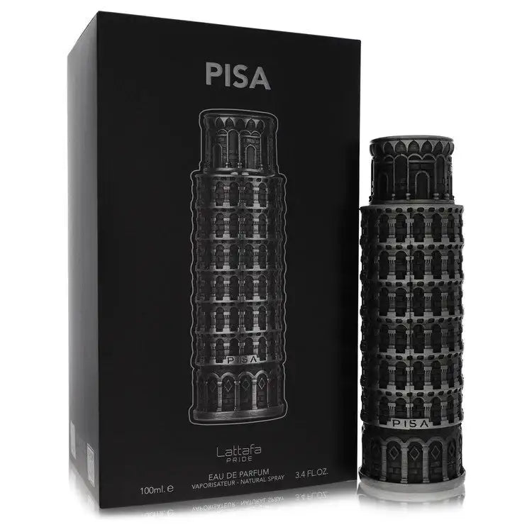 Men's Lattafa Pride Pisa eau de parfum cologne box with tower label and dark bottle