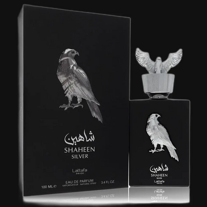 Unisex Shaheen Silver perfume bottle and box with silver bird emblem, 100 ml