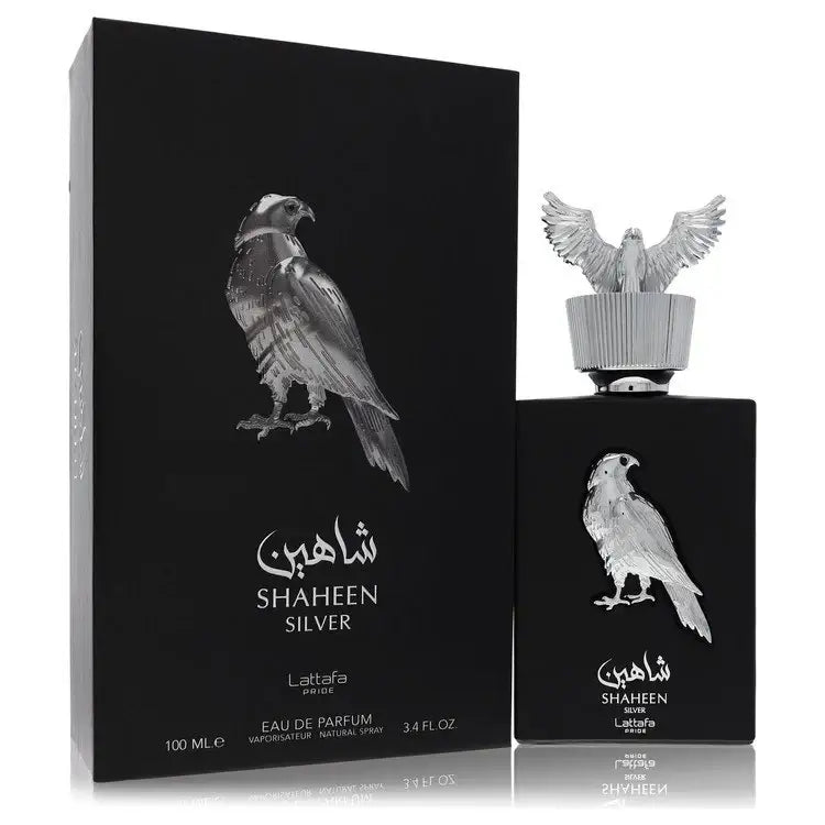 Unisex Shaheen Silver perfume gift set: box and dark bottle with silver bird stopper