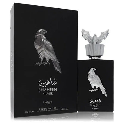 Unisex Shaheen Silver perfume gift set: box and dark bottle with silver bird stopper