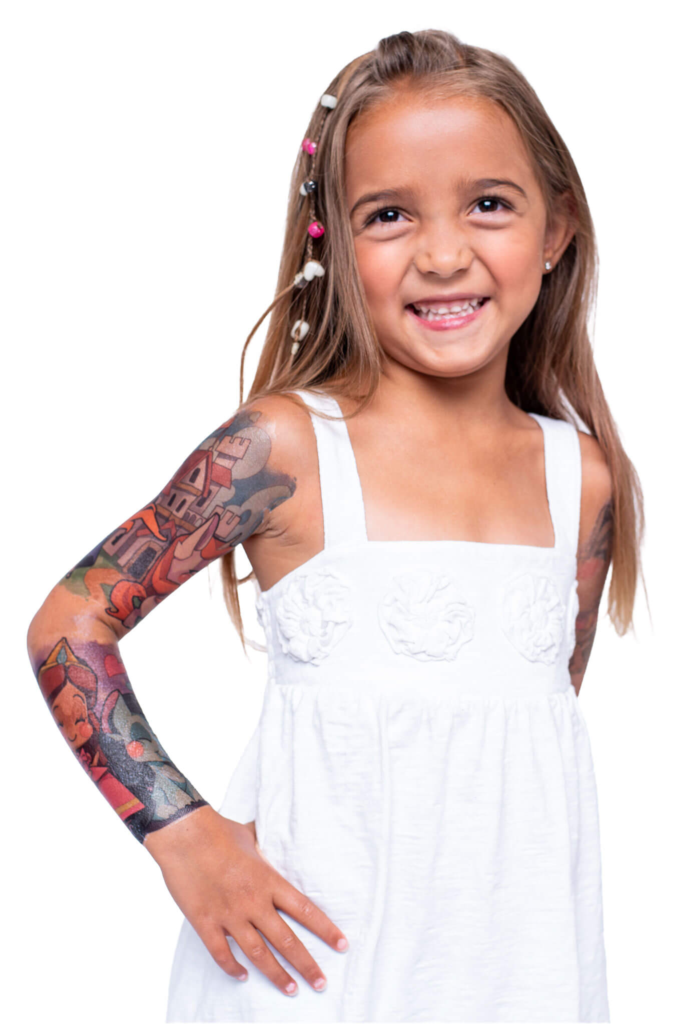 Child wearing a colorful temporary tattoo sleeve on upper arm and forearm