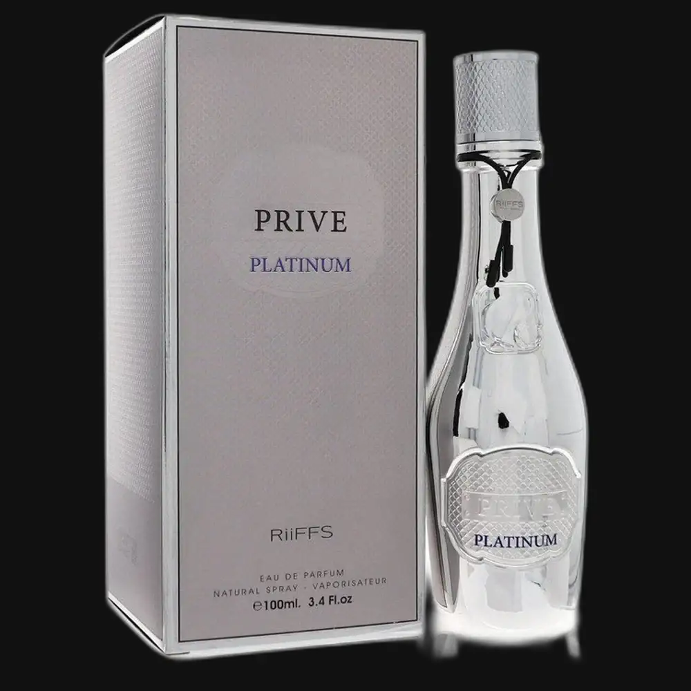 Men's Privé Platinum cologne set: clear glass bottle with textured silver cap, box