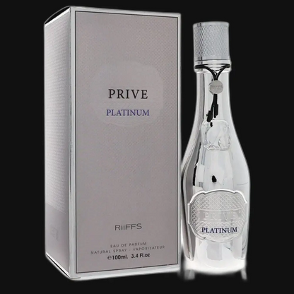 Men's Privé Platinum cologne set: clear glass bottle with textured silver cap, box