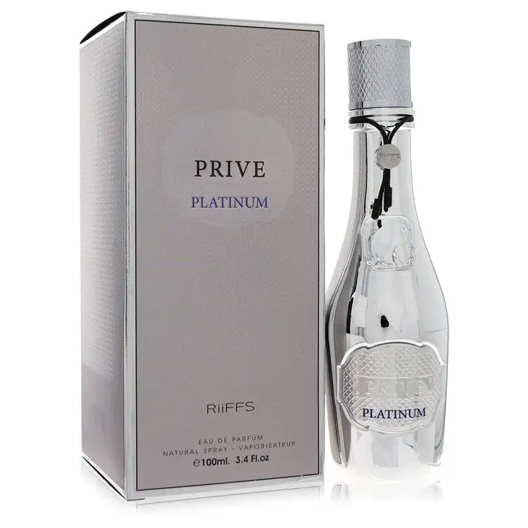 Men's Privé Platinum cologne bottle with textured silver cap beside gray RiiFFS box