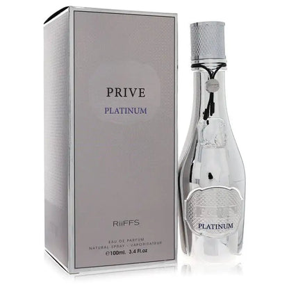 Men's Privé Platinum cologne bottle with textured silver cap beside gray RiiFFS box