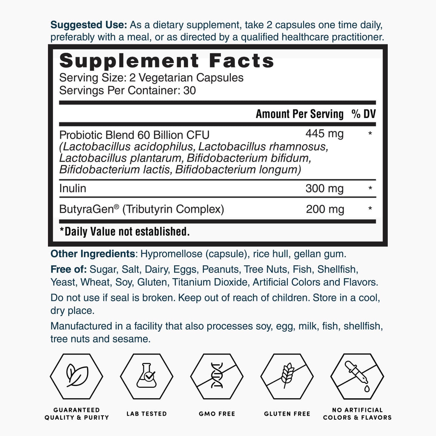 Supplement Facts panel for ProTotal vegetarian capsules, servings and ingredients