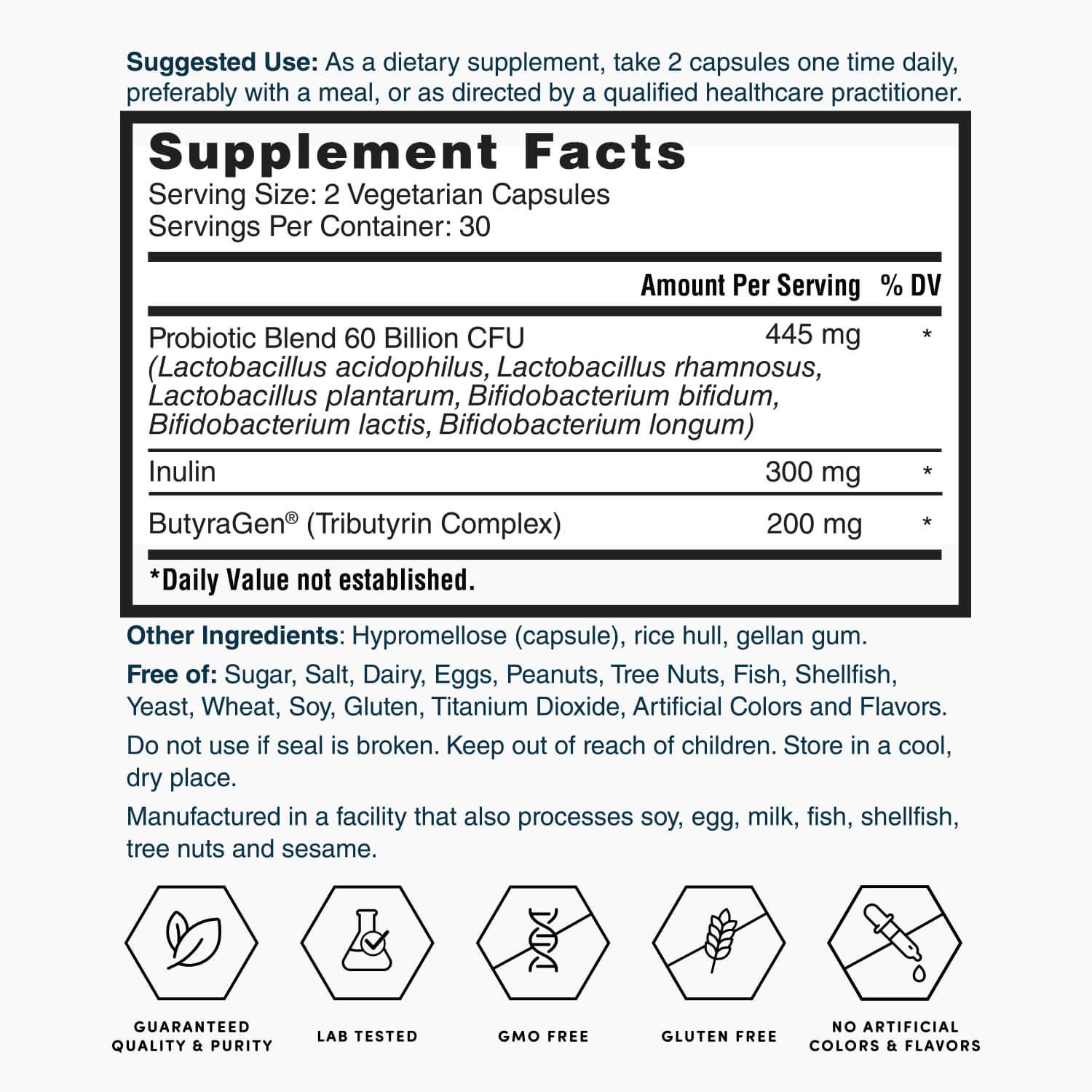 Supplement Facts panel for ProTotal vegetarian capsules, servings and ingredients