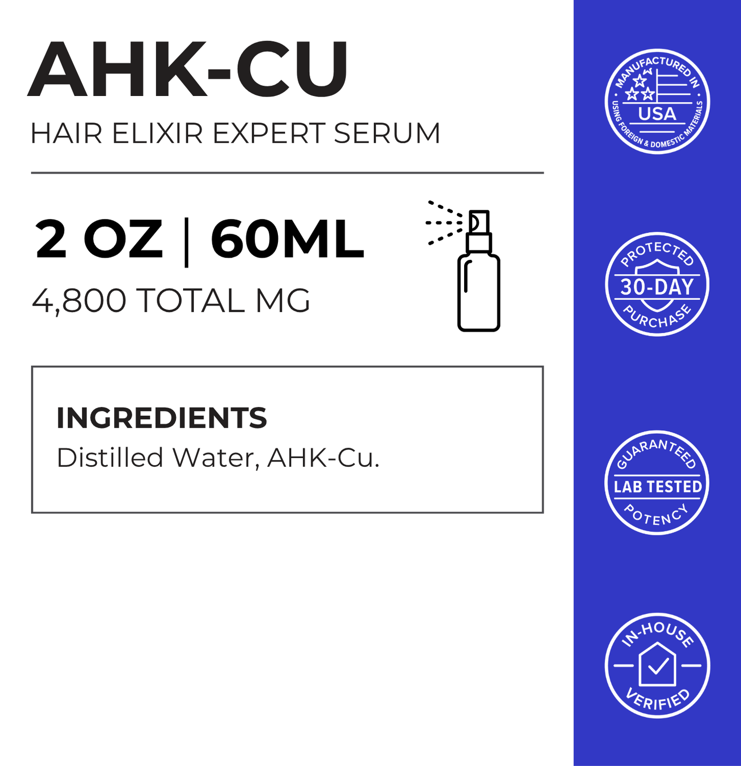 AHK-Cu hair elixir expert serum label card showing 2 oz/60 mL size.
