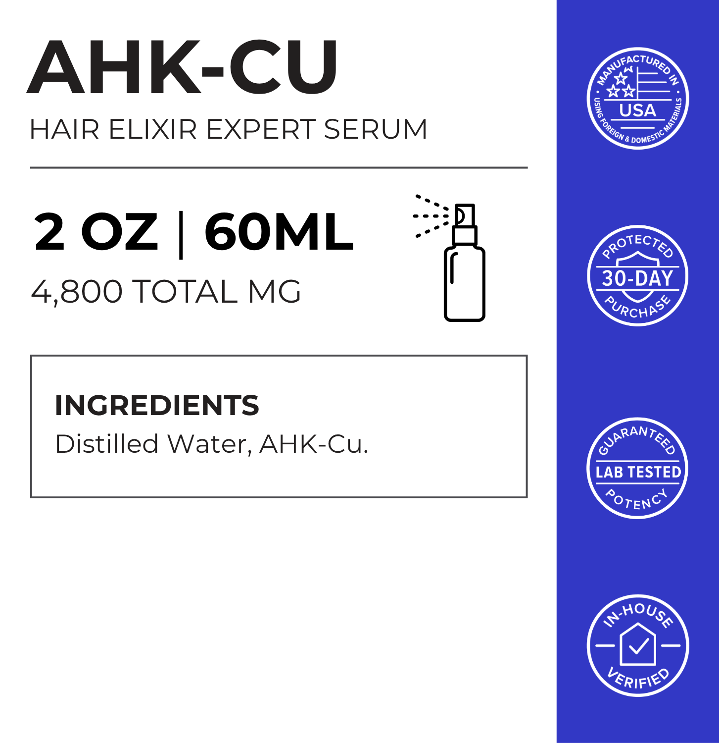 AHK-Cu hair elixir expert serum label card showing 2 oz/60 mL size.