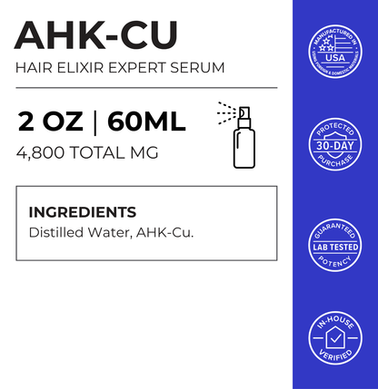 AHK-Cu hair elixir expert serum label card showing 2 oz/60 mL size.