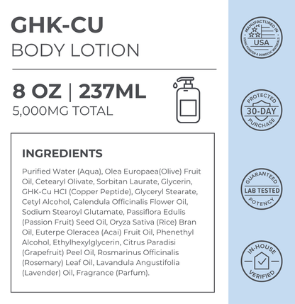 GHK-Cu body lotion product panel with ingredients and 8 oz 237 mL details