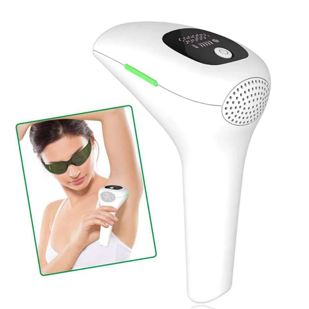White and black IPL hair removal device with green indicator and vented speaker grille