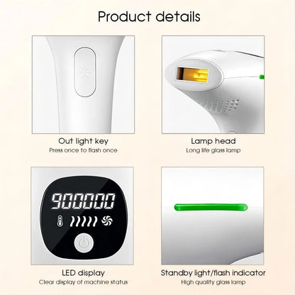 IPL hair removal device detail diagram showing lamp head and LED display panel