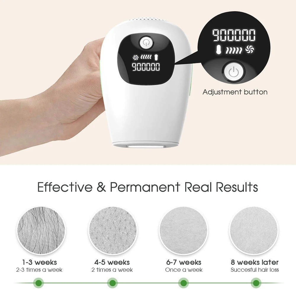 White IPL hair removal device held in hand with black control display and adjustment button