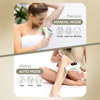 White IPL hair removal device gliding over a leg during treatment