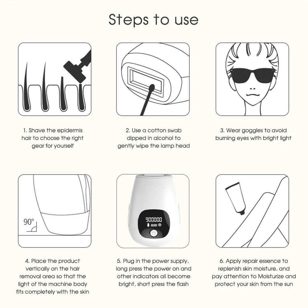 IPL hair removal epilator usage steps diagram with goggles and swab
