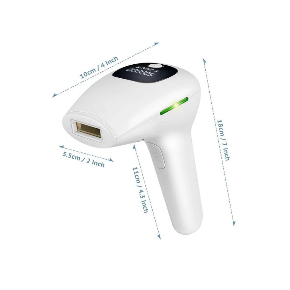 White handheld IPL hair removal epilator with green indicator, front view