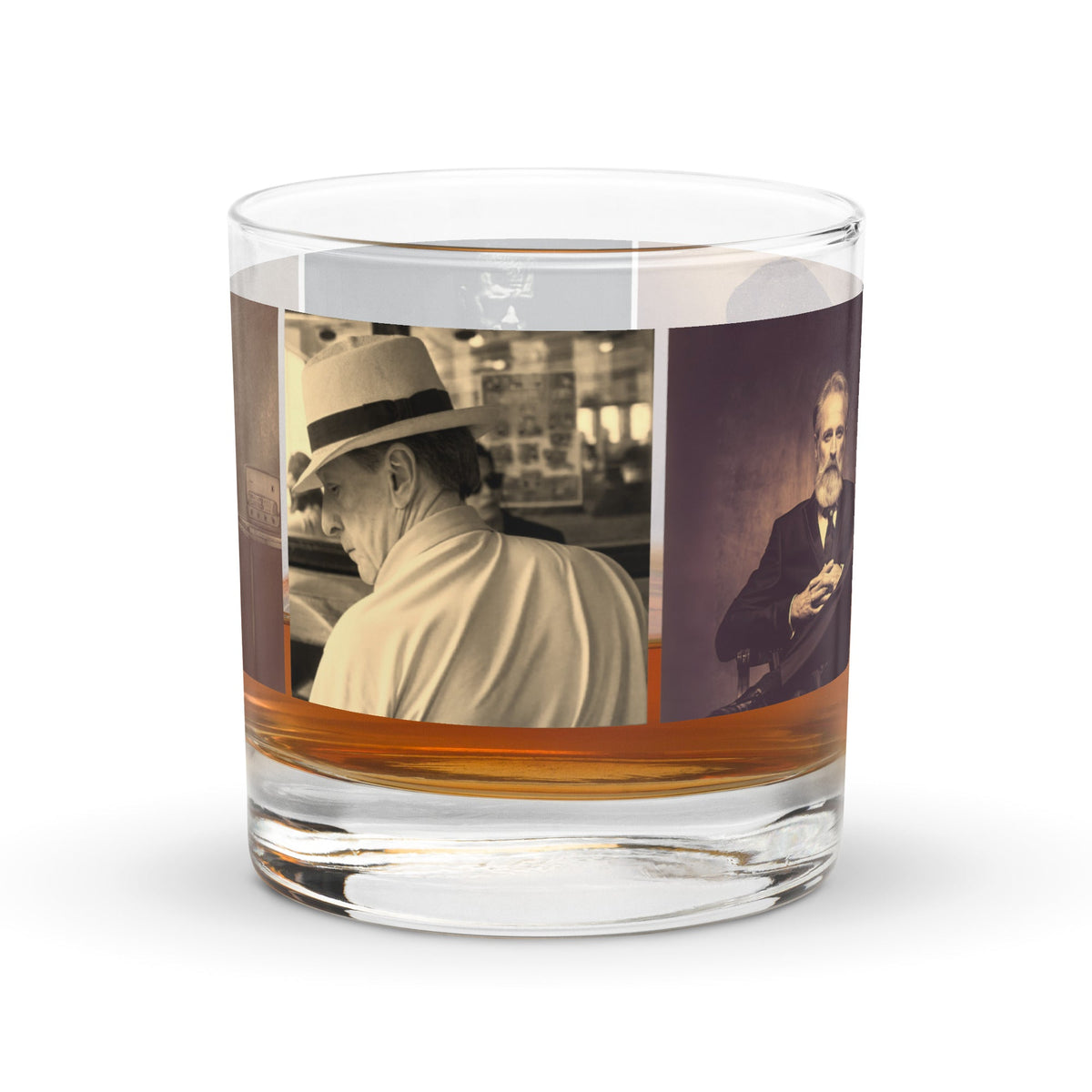 Clear glass tumbler with sepia portrait photo wrap and orange band near the base