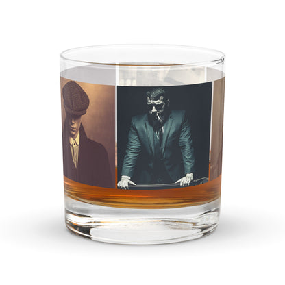 Clear glass tumbler with two portrait photos on the wrap and orange band near the base