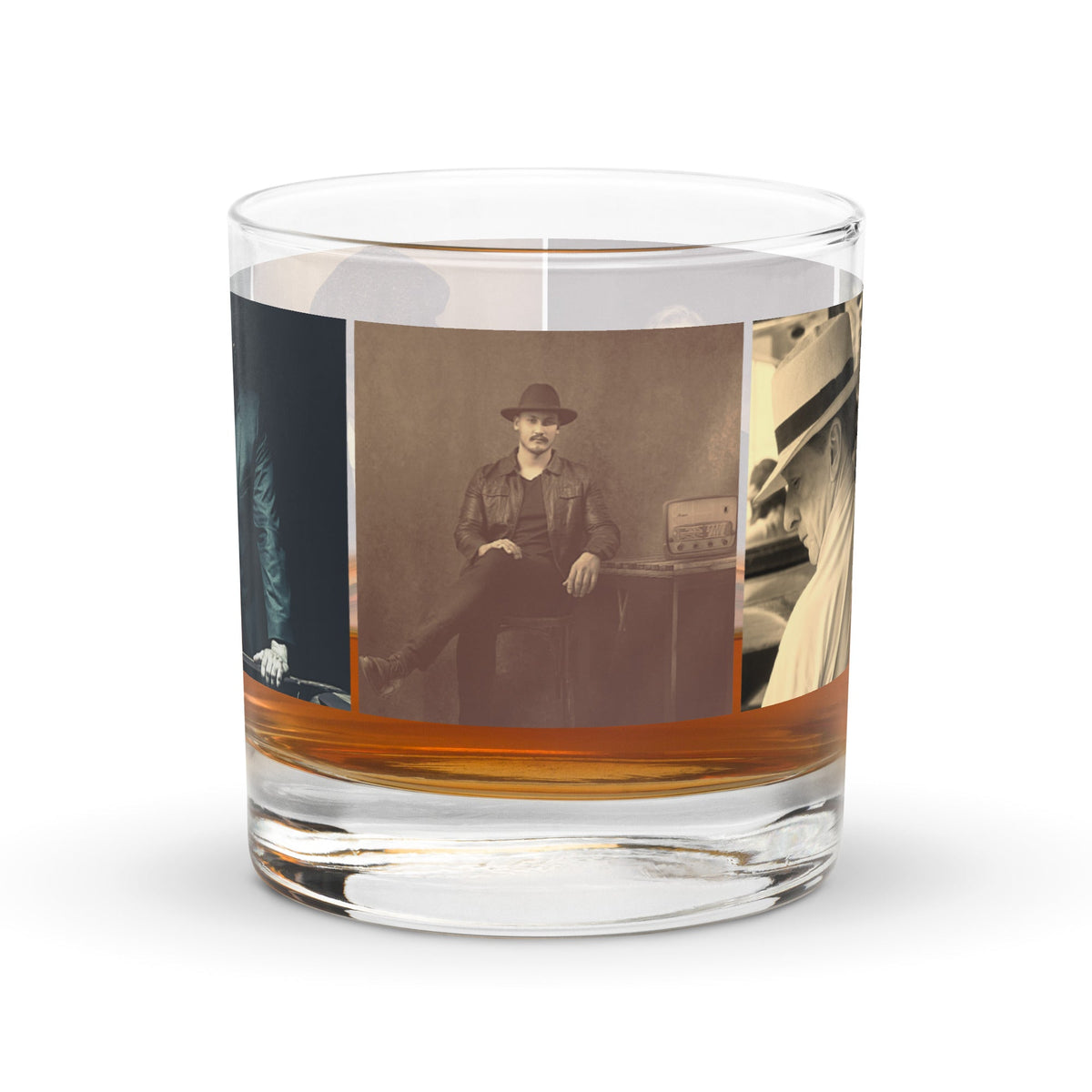 Clear glass tumbler with sepia photo collage wrap and orange band near the bottom