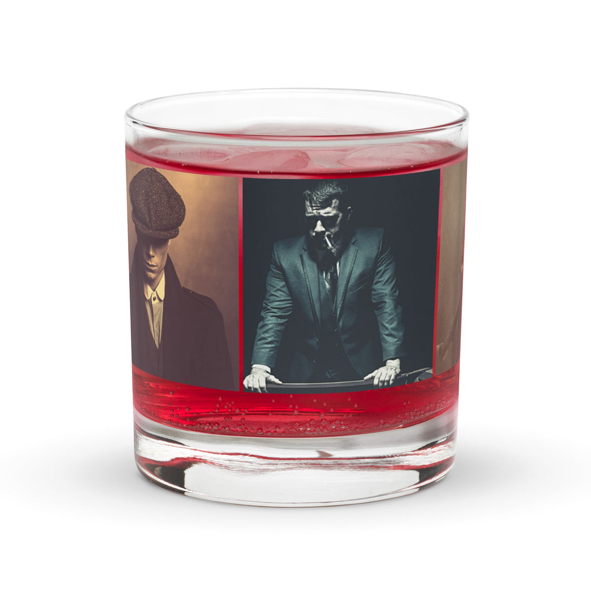 Clear glass tumbler with portrait photo wrap and red band along the bottom