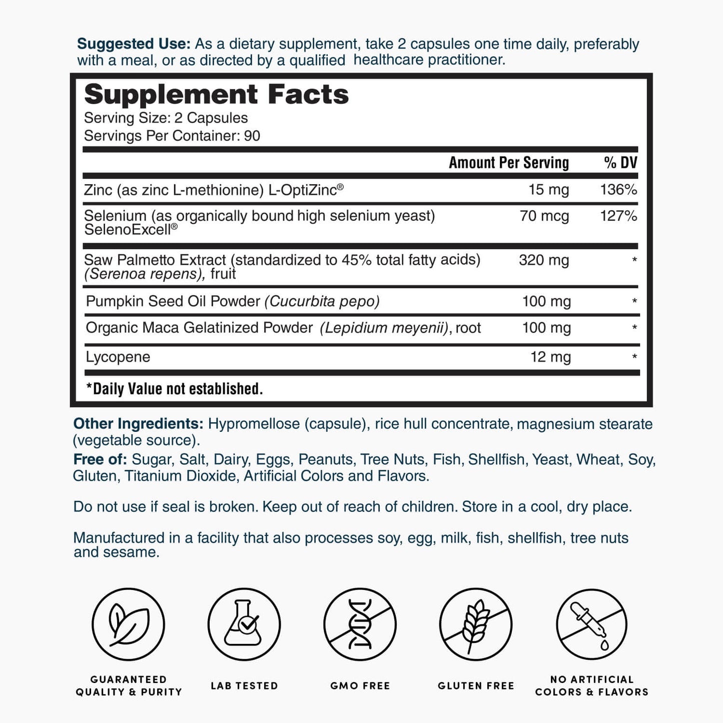 Supplement Facts panel for prostate formula capsules with zinc, selenium, saw palmetto