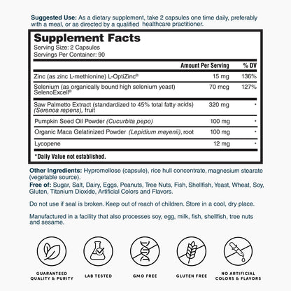 Supplement Facts panel for prostate formula capsules with zinc, selenium, saw palmetto