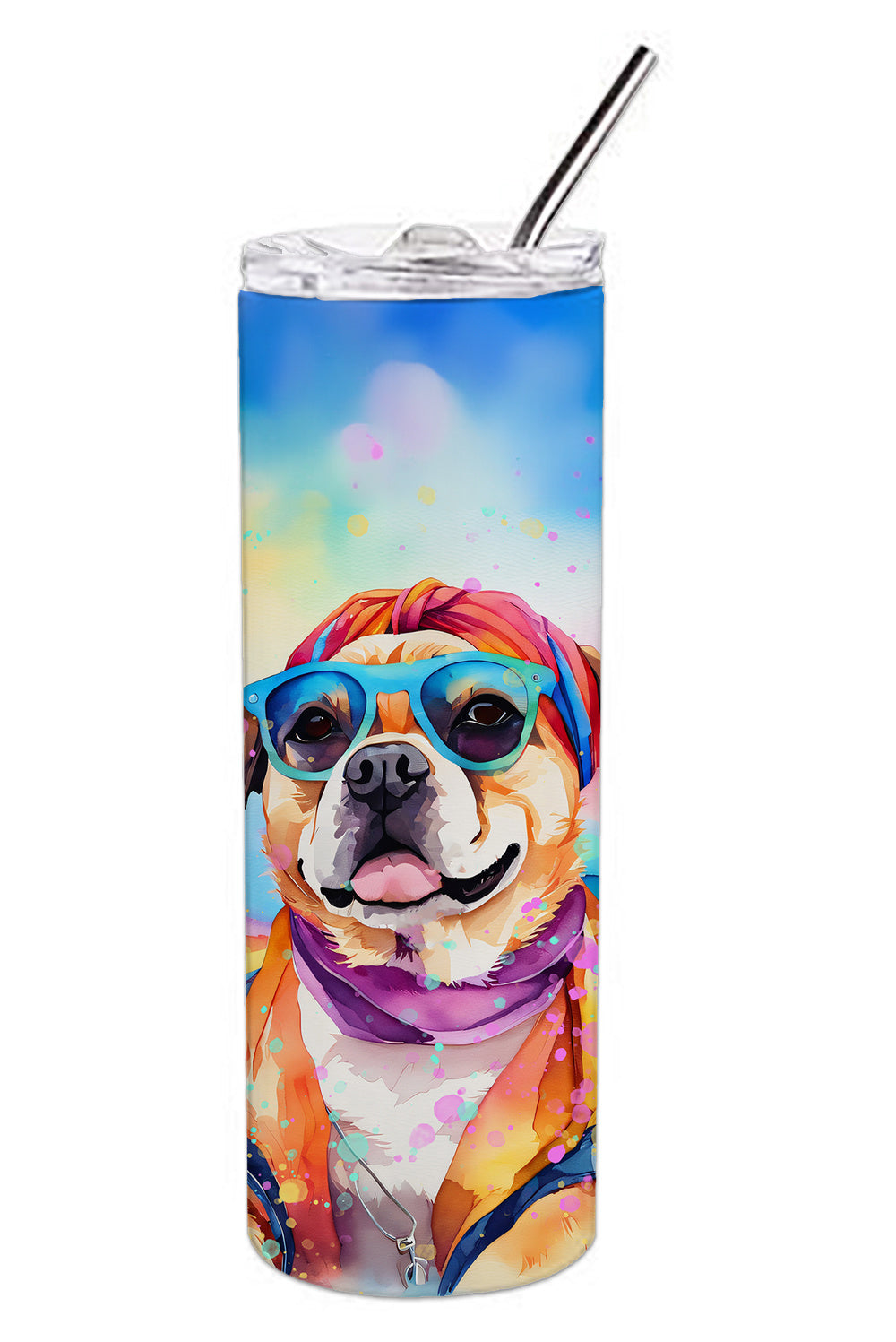 Pug Hippie Dawg Stainless Steel Skinny Tumbler Vacuum Double Walled Reusable Insulated Tumbler Travel Cup for Coffee Cocktails Gift with Lid, 20 oz - Renee Lane Company