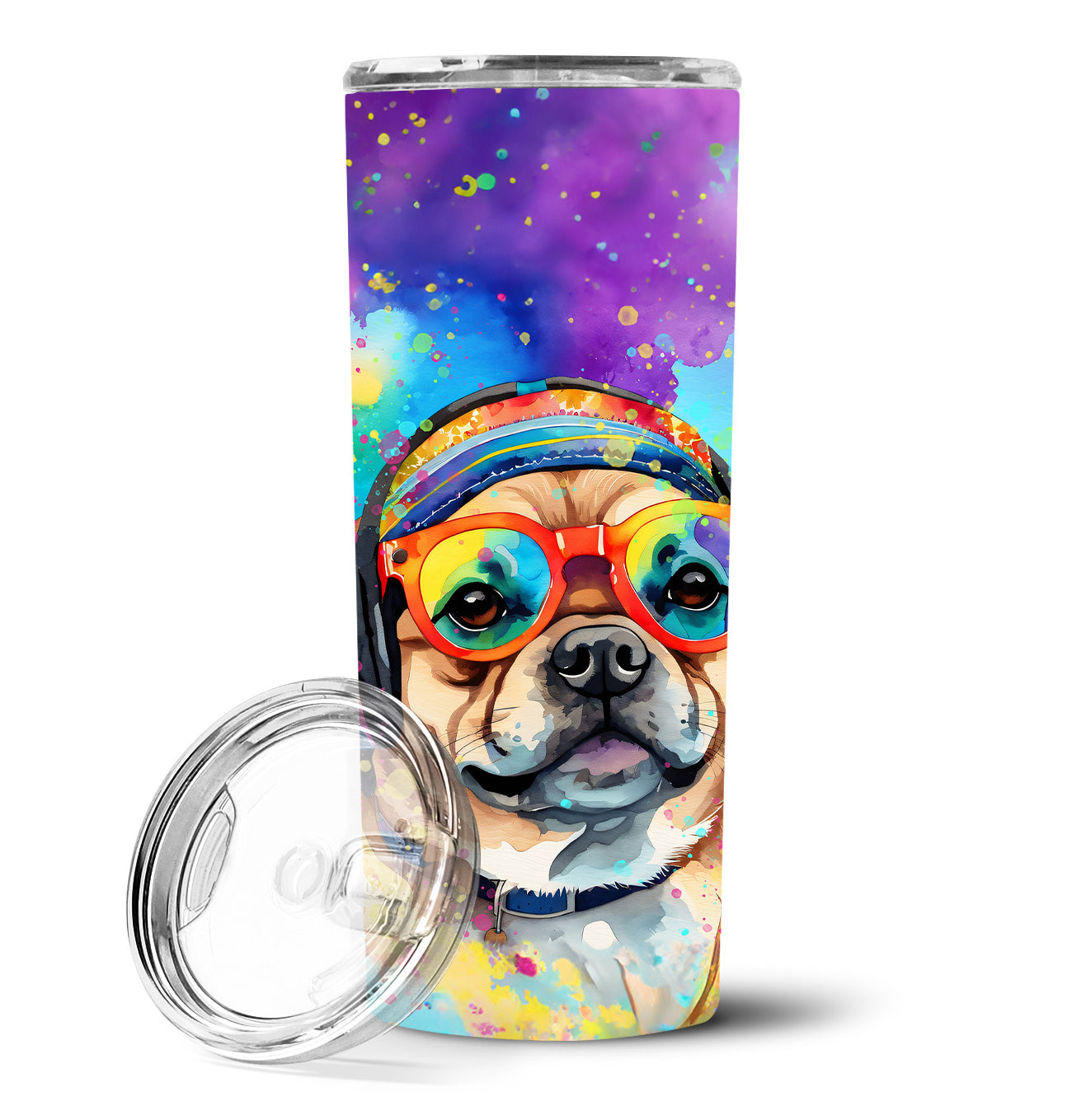 Pug Hippie Dawg Stainless Steel Skinny Tumbler Vacuum Double Walled Reusable Insulated Tumbler Travel Cup for Coffee Cocktails Gift with Lid, 20 oz - Renee Lane Company
