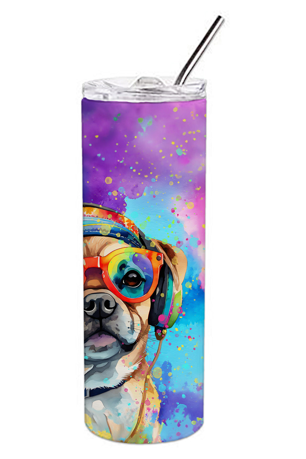 Pug Hippie Dawg Stainless Steel Skinny Tumbler Vacuum Double Walled Reusable Insulated Tumbler Travel Cup for Coffee Cocktails Gift with Lid, 20 oz - Renee Lane Company