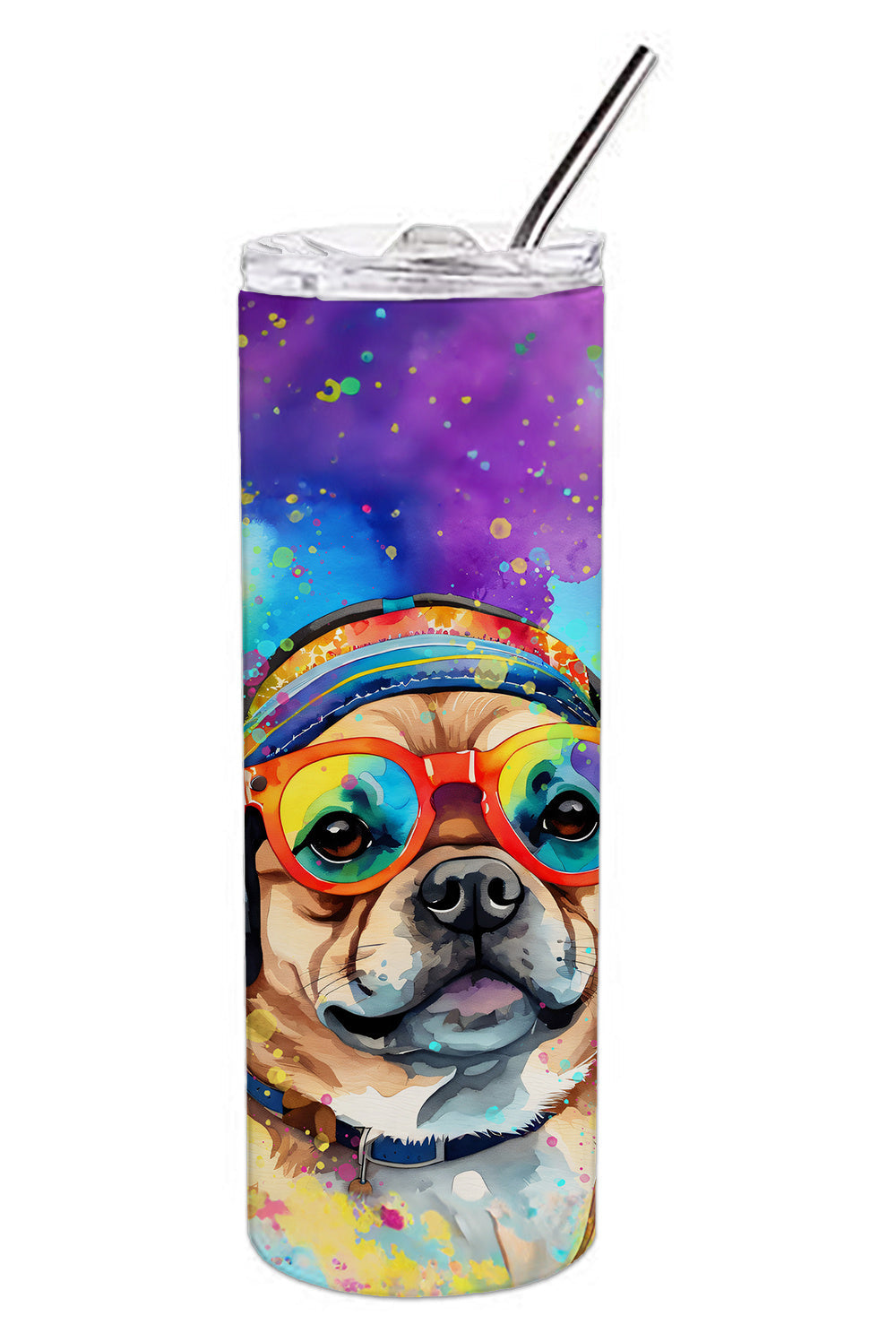 Pug Hippie Dawg Stainless Steel Skinny Tumbler Vacuum Double Walled Reusable Insulated Tumbler Travel Cup for Coffee Cocktails Gift with Lid, 20 oz - Renee Lane Company