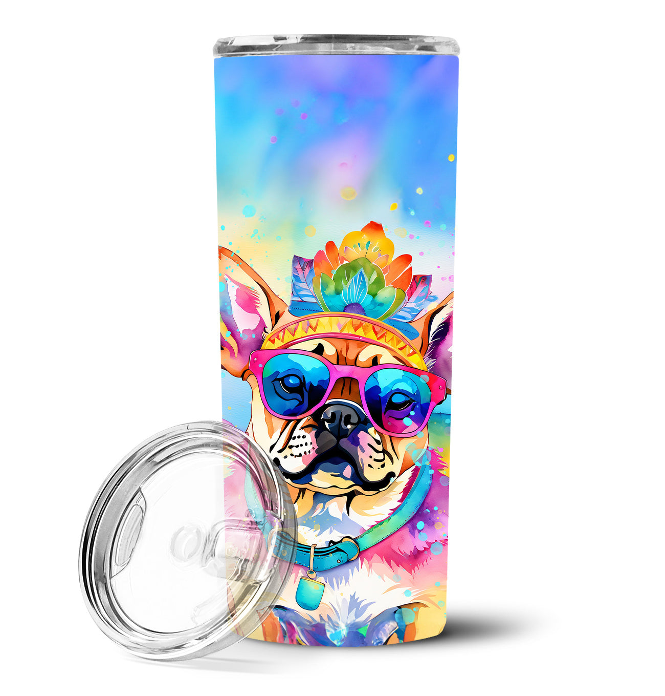 Pug Hippie Dawg Stainless Steel Skinny Tumbler Vacuum Double Walled Reusable Insulated Tumbler Travel Cup for Coffee Cocktails Gift with Lid, 20 oz - Renee Lane Company