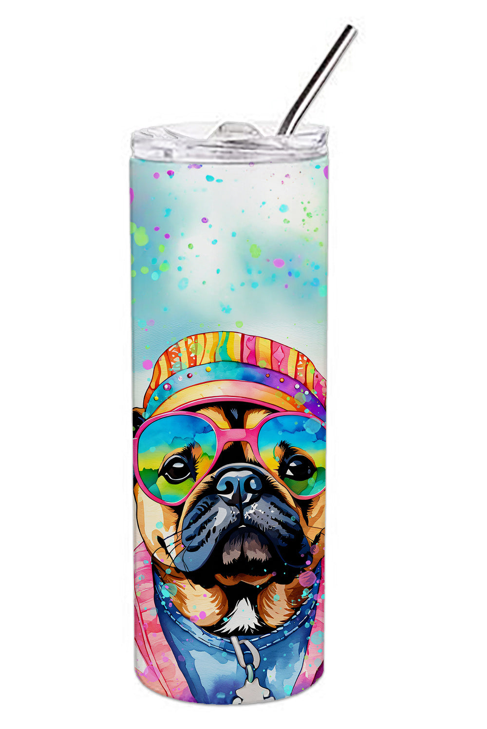 Pug Hippie Dawg Stainless Steel Skinny Tumbler Vacuum Double Walled Reusable Insulated Tumbler Travel Cup for Coffee Cocktails Gift with Lid, 20 oz - Renee Lane Company