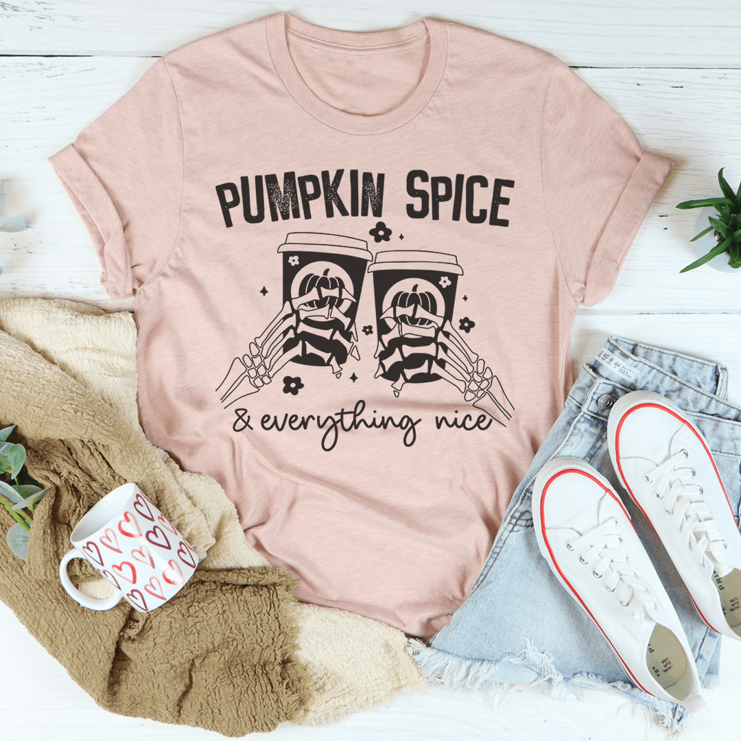 Heather peach T-shirt with pumpkin graphic and text slogan, crew neck
